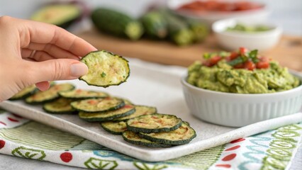 A closeup of a hand gracefully reaching for a single zucchini chip showcasing its textured leafy surface. In the blurred background a festive platter b with homemade