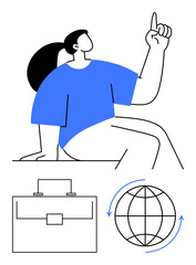 Fototapeta premium Confident woman gesturing upward beside a briefcase and globe with arrows. Ideal for business, global teamwork, leadership, career growth, innovation, decision-making, abstract line flat metaphor