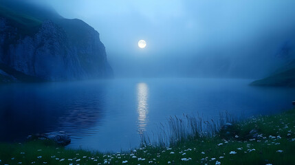 Fototapeta premium Misty moonlit lake nestled in mountains.