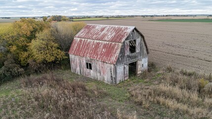 Obraz premium Rustic Abandoned Barn Surrounded by Autumn Fields and Forests