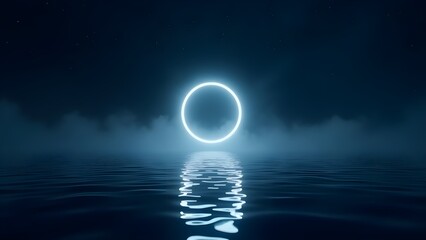 A glowing ring floating above a calm body of water at night