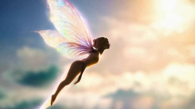 Enchanting Fairy Takes Flight in Serene Sky During Sunset Hours