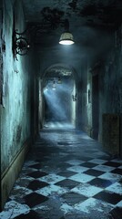 Obraz premium Mysterious Abandoned Hallway with Dim Lighting and Shadows