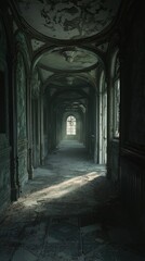 Fototapeta premium Abandoned Gothic Corridor with Light Streaming Through Windows