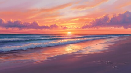 Serene Sunset Beachscape: Vibrant Hues of Orange and Purple at Dusk