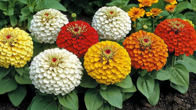 Colorful zinnia flowers blooming in a lush garden during springtime