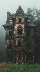 Abandoned Victorian House Wrapped in Overgrown Ivy and Fog