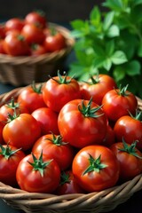 Full basket of ripe red tomatoes, freshly harvested , rustic, tomatoes, leaf