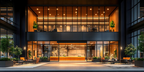 Modern building entrance at night with warm lighting, showcasing a stylish lobby and outdoor seating area.