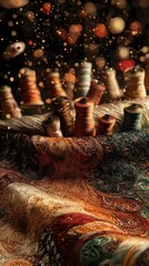 Fototapeta premium Colorful Spools of Thread Amidst a Dynamic Fabric Background