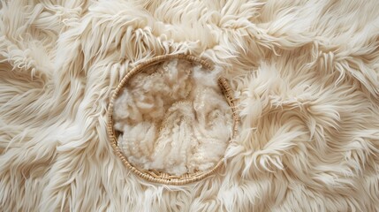 Digital newborn photography background with a round Moses basket surrounded by wavy fur