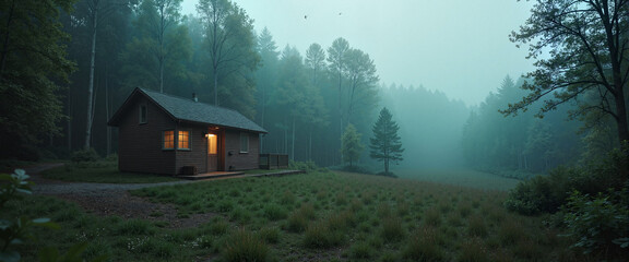 Mysterious secluded cabin in foggy forest at dawn, hidden retreat