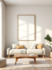 Fototapeta premium minimalist living room with frame mockup on beige wall, modern sofa and wooden coffee table, soft natural light, clean lines and neutral tones, 3d render