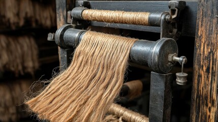 Ancient wooden loom weaving jute fibers in a traditional workshop