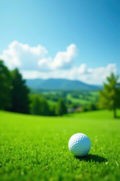 Immaculately positioned golf ball, lush green, clear sky , serene, peaceful, sun