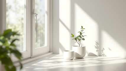 Product presented in white studio with a window casting shadows, creating a blurred backdrop for display, and a banner