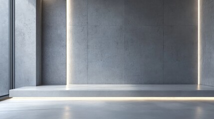 Minimalist concrete room with platform and LED lighting.