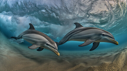 Fototapeta premium Playful dolphins swimming gracefully underwater near the ocean floor.