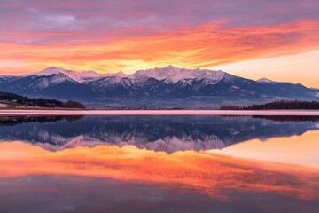 Fototapeta premium A breathtaking sunset over the majestic Alps, reflecting on mirror-like lake water with snow-covered peaks in the background. The vibrant colors of orange and pink paint across sky add to the scene's