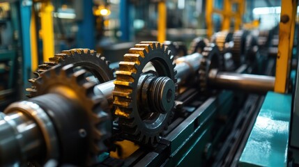 Obraz premium Intricate machinery with gears crafted from recycled metals busy molding sustainable products with a fresh coat of green paint symbolizing the factorys ecofriendly initiatives.