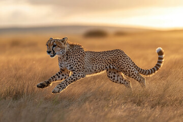 Obraz premium A cheetah gracefully sprints across the golden savanna at sunset, its spotted coat gleaming.