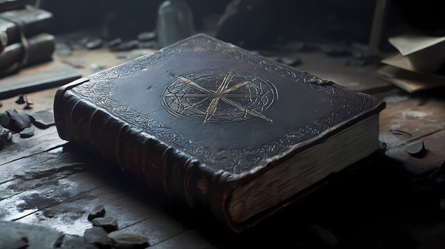 A mysterious grimoire bound in ancient leather, its pages filled with cryptic runes and arcane symbols, whispering forgotten secrets. arcane. illustration. Rimebound. Illustration