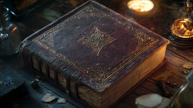 A mysterious grimoire bound in ancient leather, its pages filled with cryptic runes and arcane symbols, whispering forgotten secrets. arcane. illustration. Rimebound. Illustration