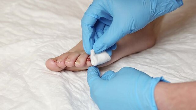 One young doctor in blue latex gloves wipes the remains of hydrogen peroxide around the nail on the little finger of a young woman, damaged from an impact, using a cotton pad, top side view close-up. 
