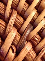 Intricate design of a woven basket showcases detailed craftsmanship and the natural wood textures in sunlight.