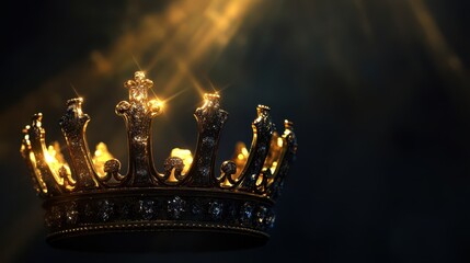 Obraz premium A golden beam illuminates a majestic crown against a stark black background, highlighting its regal details and rich, shimmering gold.