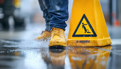 Worker slipping on a wet floor with a nearby safety sign indicating hazard awareness