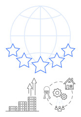 Naklejka premium Globe with five stars, bar charts with upward arrows, real estate icons, keys, gears, and people. Ideal for business excellence, real estate, teamwork progress success innovation and abstract