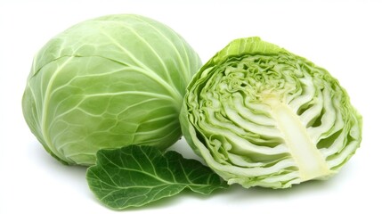 Obraz premium Fresh green cabbage cut in half with leaves isolated on white background.