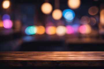 Generate a captivating image of a close-up shot of a wooden table. The background should be a blurred bokeh effect with vibrant neon lights, creating a dark and atmospheric interior setting. The overa