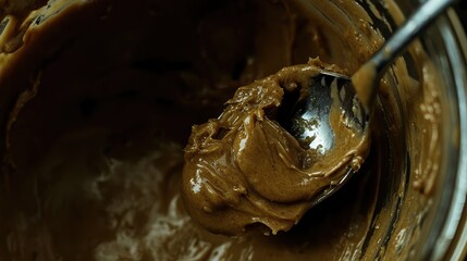 Fototapeta premium Thick Creamy Nut Butter in Glass Jar with Spoon Close-Up View
