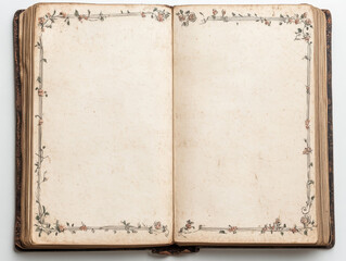Antique book open to a blank page with a delicate floral border.  Perfect for adding your own text or images.