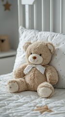 Fototapeta premium Soft teddy bear sitting on a cozy bed with star-patterned bedding