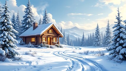 A picturesque winter scene with snow-covered trees and a cozy home office setup serves as perfect background for an online webinar or Zoom meeting, created using Generative technology