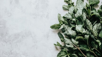 Fresh mint leaves on a gray background.