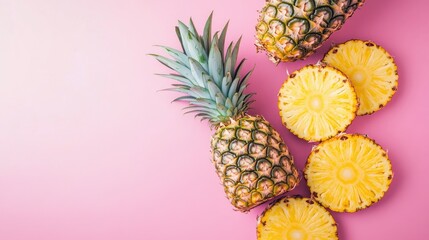 Fresh pineapple slices and whole pineapple on a vibrant pink background.