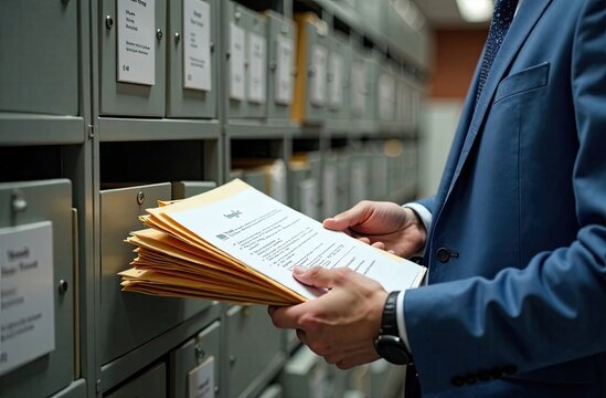 Person reviewing documents in an office mailroom during a workday at a corporate environment