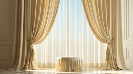 Elegantly draped curtains framing a sunlit window in a sophisticated interior