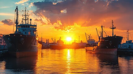 Fototapeta premium Sunset Over Busy Harbor with Boats and Reflections in Water