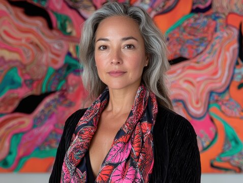 Portrait of a woman with gray hair wearing a patterned scarf