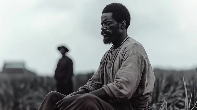 The emotional struggle of an African slave on a plantation in America. The scene emphasizes themes of oppression and resilience during a critical period in history. Black History Month