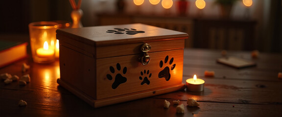Wooden box with paw prints under soft candlelight, remembrance concept