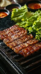 Grilled Meat with Fresh Greens and Side Dishes on Sizzling Plate