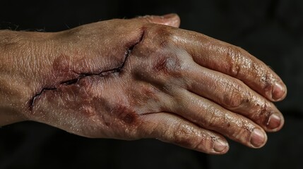 Detailed Close-Up of an Injured Hand with Visible Stitch Marks