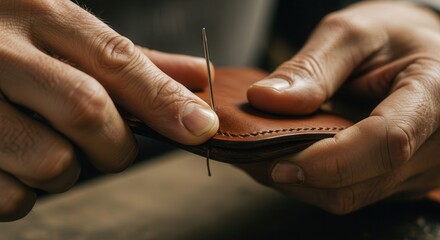 Obraz premium Artisan crafting leather goods by hand in workshop setting