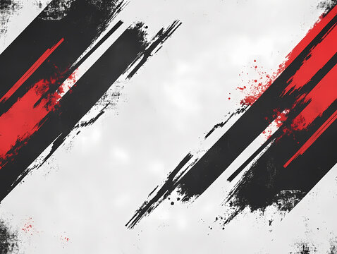Abstract art featuring bold red and black brushstrokes on a white background.  A dynamic and energetic design.